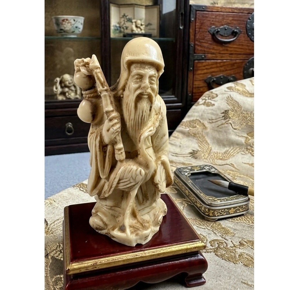 Vintage Shou Lao Chinese God of Longevity Resin Figurine with Crane and Gourd - Picture 2 of 9